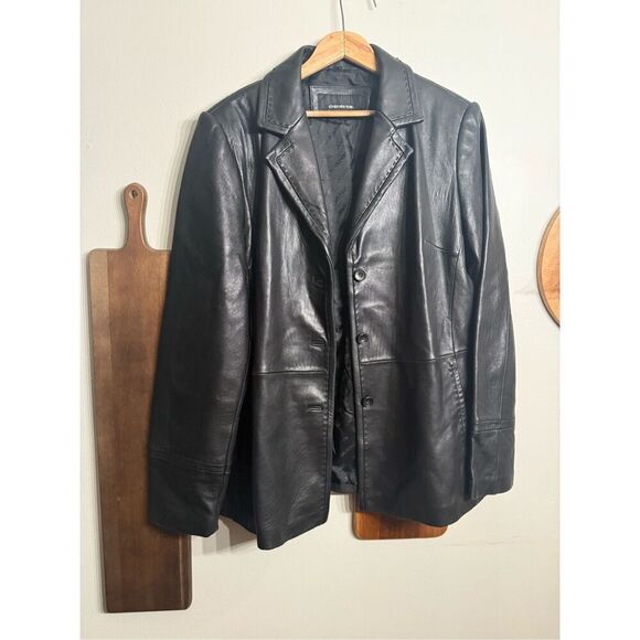Jones New York Black Button Front Notched Collar Genuine Leather Jacket Medium - Picture 1 of 6